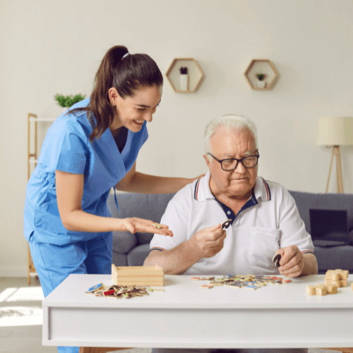 a nurse helping a senior