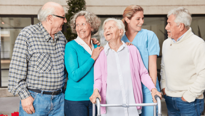 senior community with caregiver