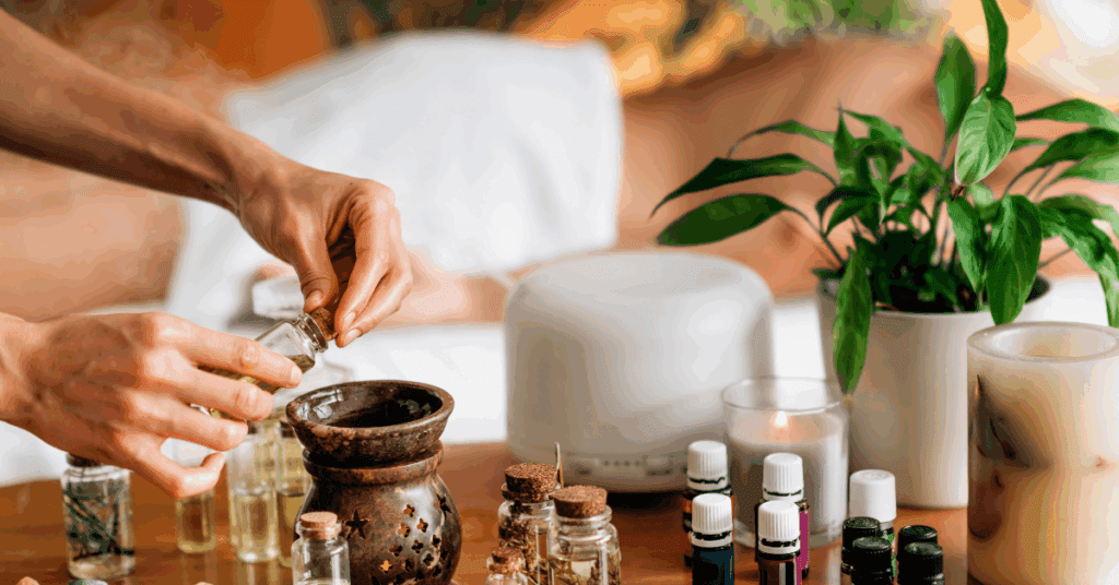 an elderly woman preparing her essential oils for her aromatherapy session at her memory care residence