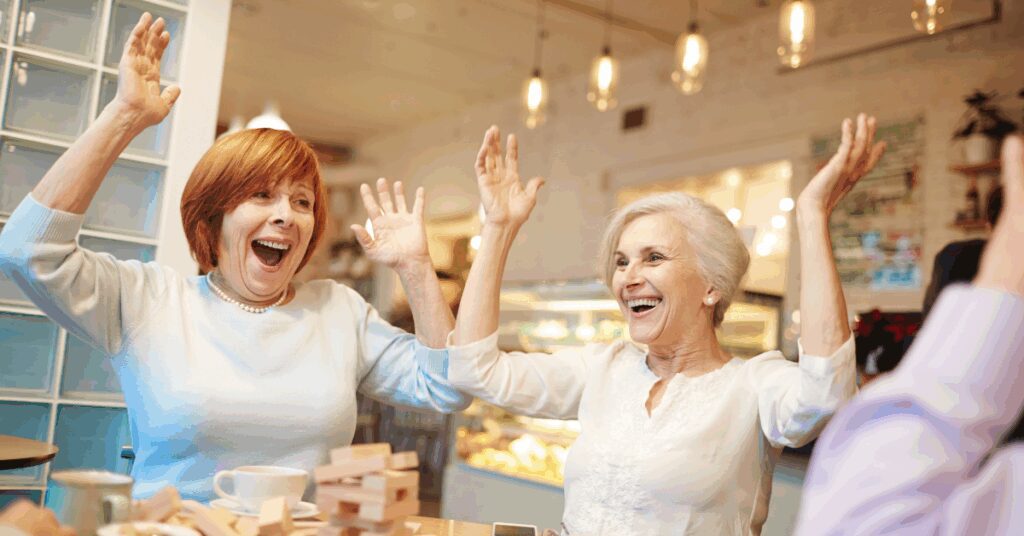 a group of senior friends enjoying activities in their retirement community