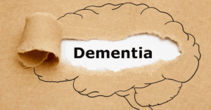 the dementia word coming out of a brain drawing