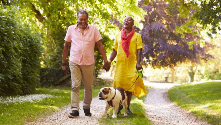 a senior couple walking with their dog