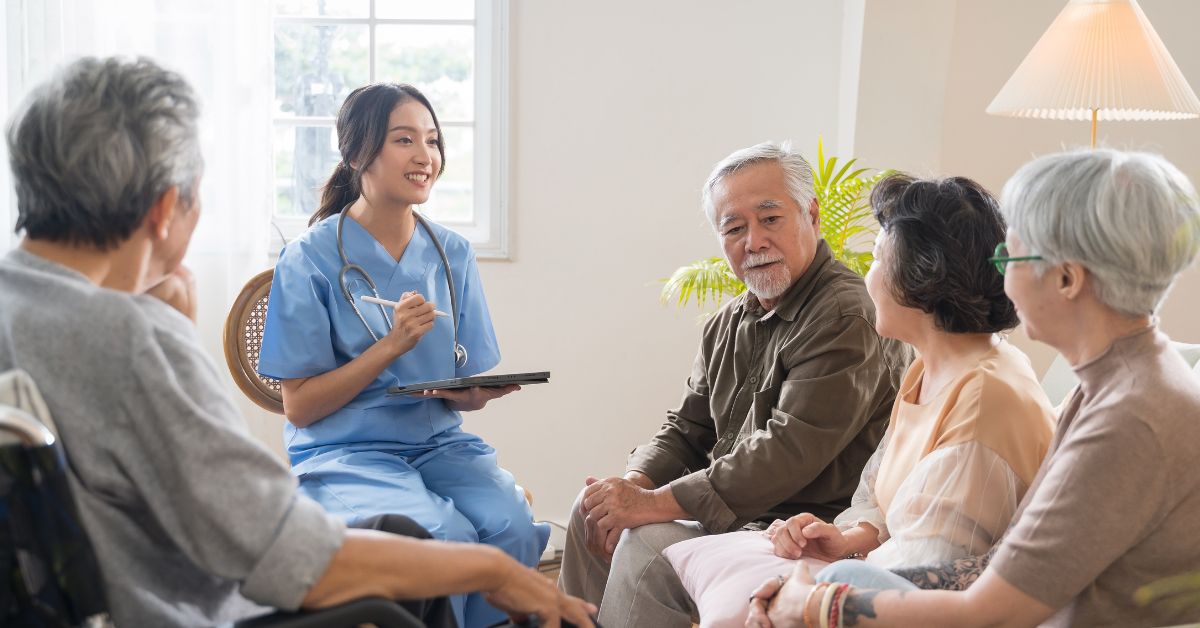 seniors talking in assisted living
