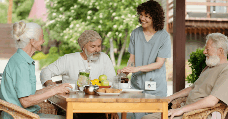 a group of seniors sharing coffee at assisted living