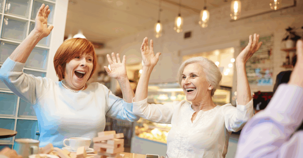 two senior ladies having fun at retirement community