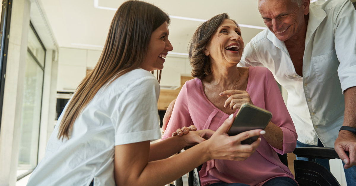 seniors and caregivers having fun in senior living