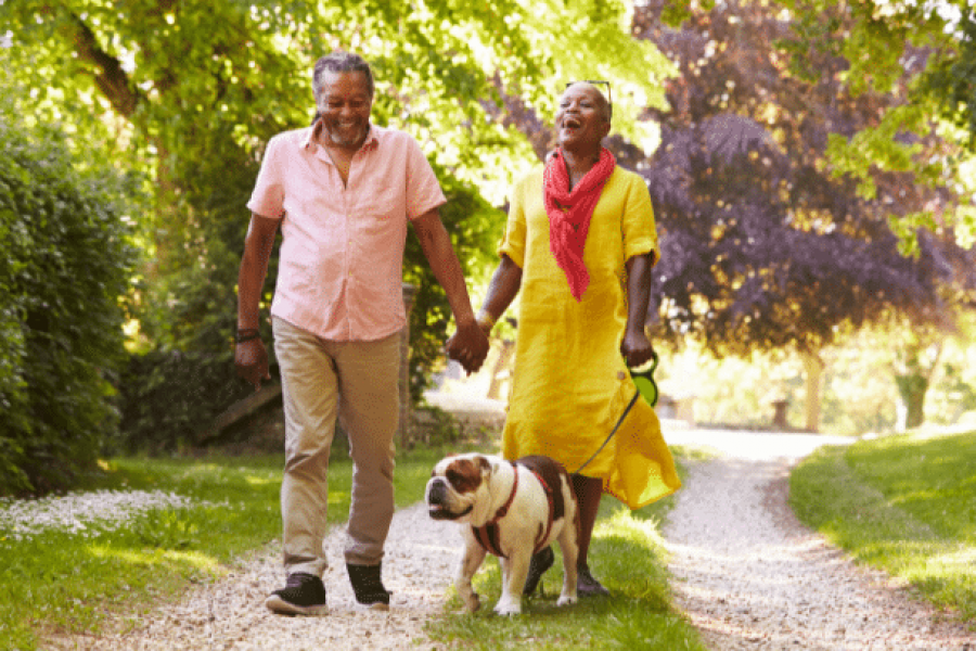 a senior couple walking with their dog